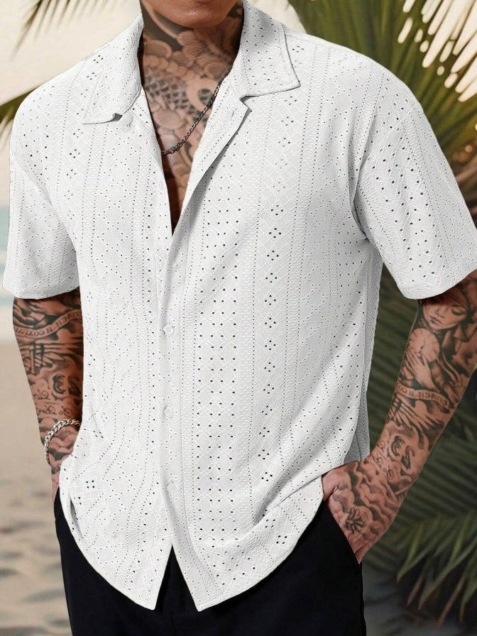 Mens Versatile Hollow-Out Jacquard Casual Shirt - Image 11