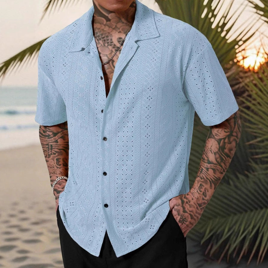 Mens Versatile Hollow-Out Jacquard Casual Shirt - Image 2