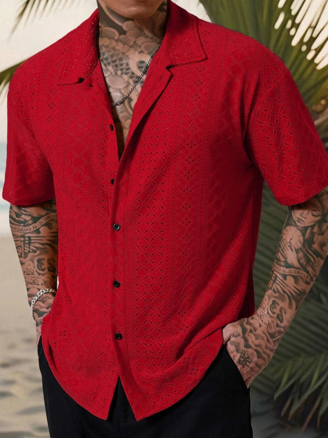 Mens Versatile Hollow-Out Jacquard Casual Shirt - Image 9