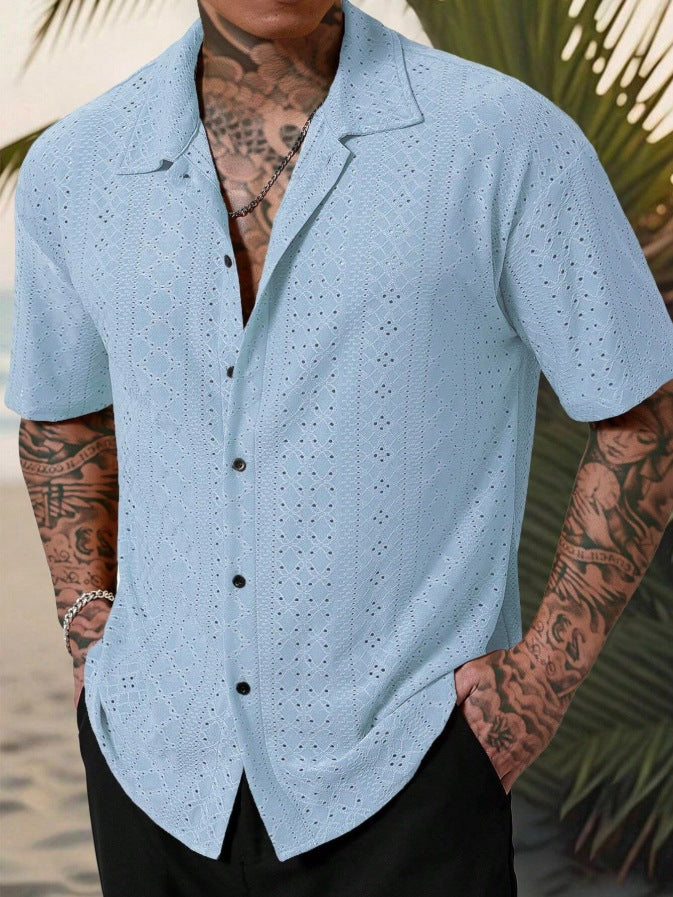 Mens Versatile Hollow-Out Jacquard Casual Shirt - Image 6