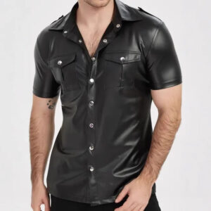 European And American-style Summer Casual Mens Patent Leather Tight-fitting Short-sleeve Top
