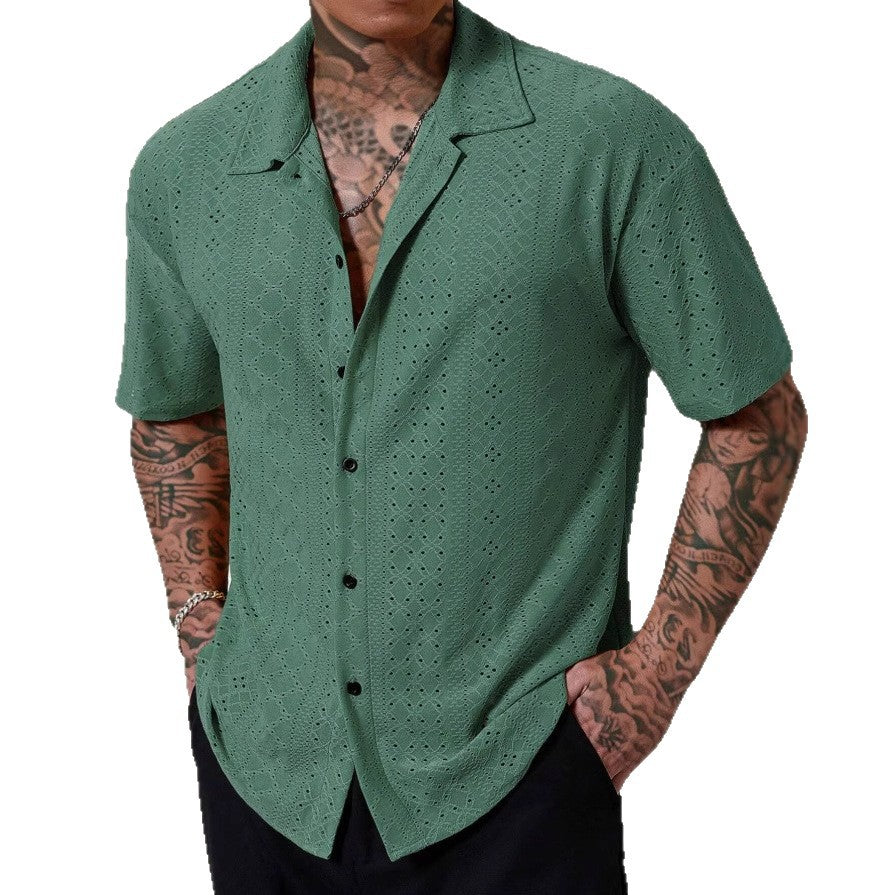 Mens Versatile Hollow-Out Jacquard Casual Shirt - Image 5