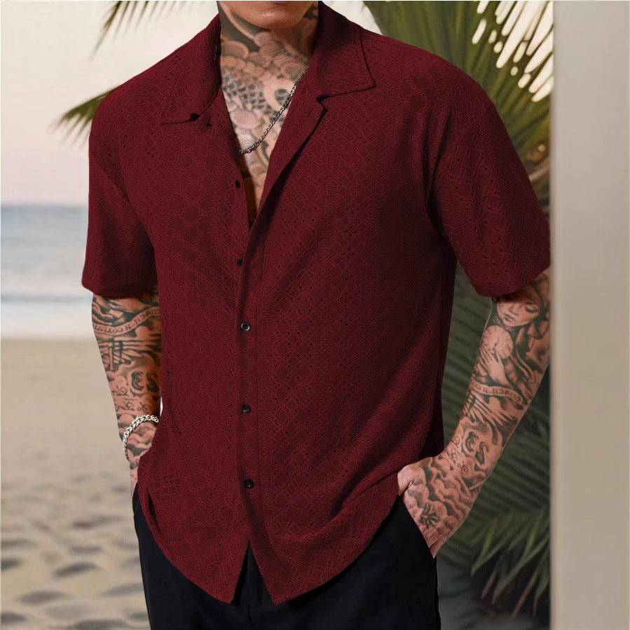 Mens Versatile Hollow-Out Jacquard Casual Shirt - Image 3