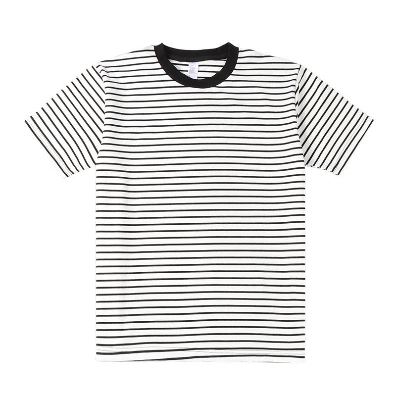 Striped Short Sleeve Simple Men's Versatile T-shirt Loose Top Half Sleeve Slim Striped Navy Skirt - Image 6