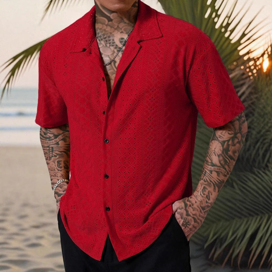 Mens Versatile Hollow-Out Jacquard Casual Shirt - Image 4