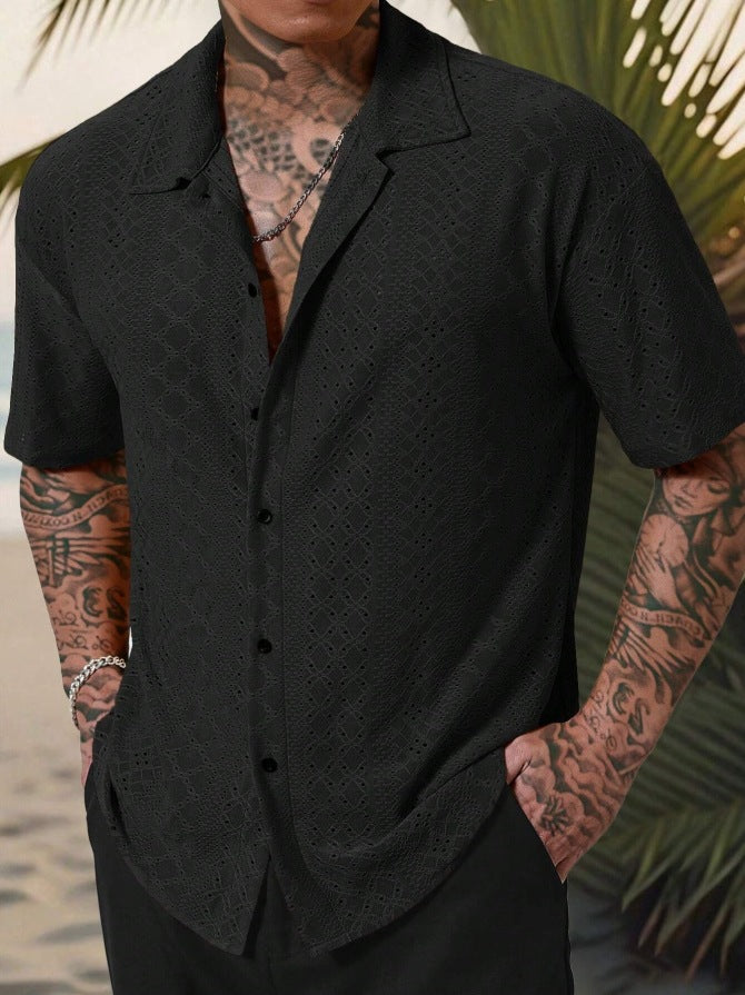 Mens Versatile Hollow-Out Jacquard Casual Shirt - Image 7