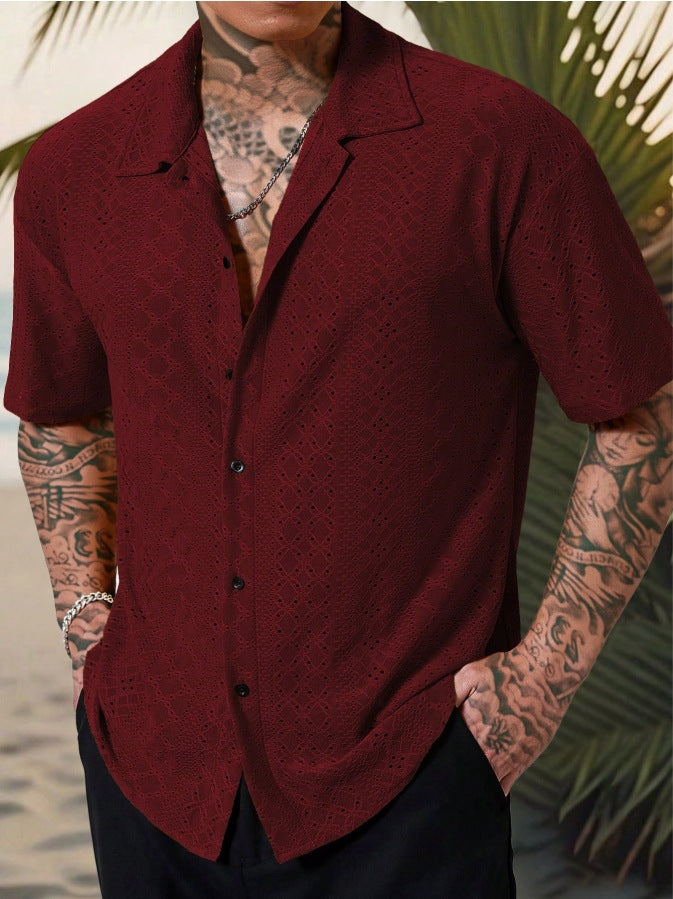 Mens Versatile Hollow-Out Jacquard Casual Shirt - Image 8