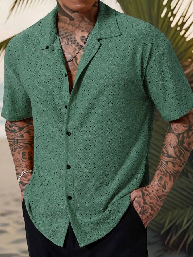 Mens Versatile Hollow-Out Jacquard Casual Shirt - Image 10